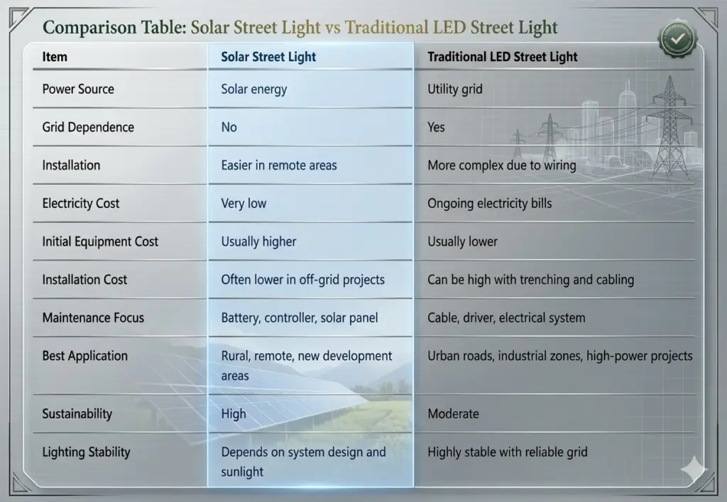 Comparison Table: Solar Street Light vs Traditional LED Street Light