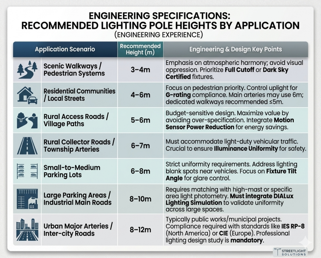 RECOMMENDED LIGHTING POLE HEIGHTS BY APPLICATION