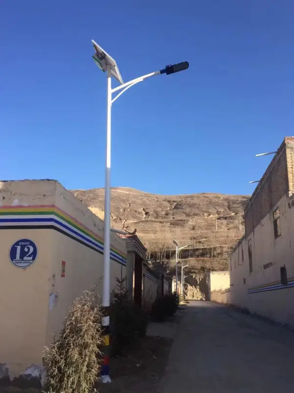 Solar street lights installed along a roadway
