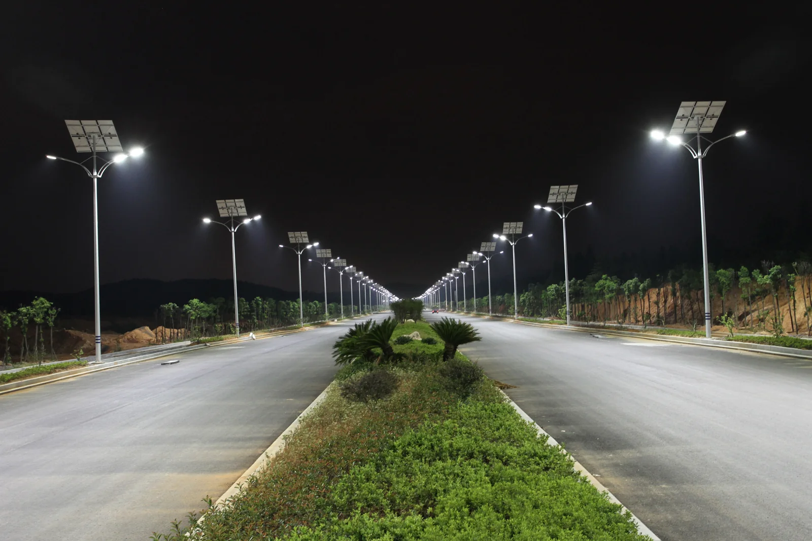 Solar panels and street lights along a divided road at night